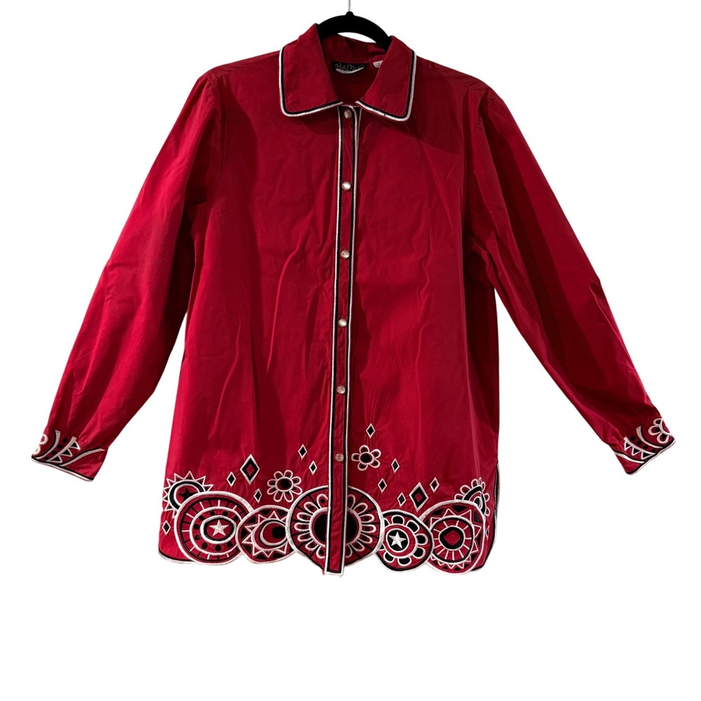 Bob Mackie Red Glam Aesthetic Eclectic Embroidered Grandma Core S button down